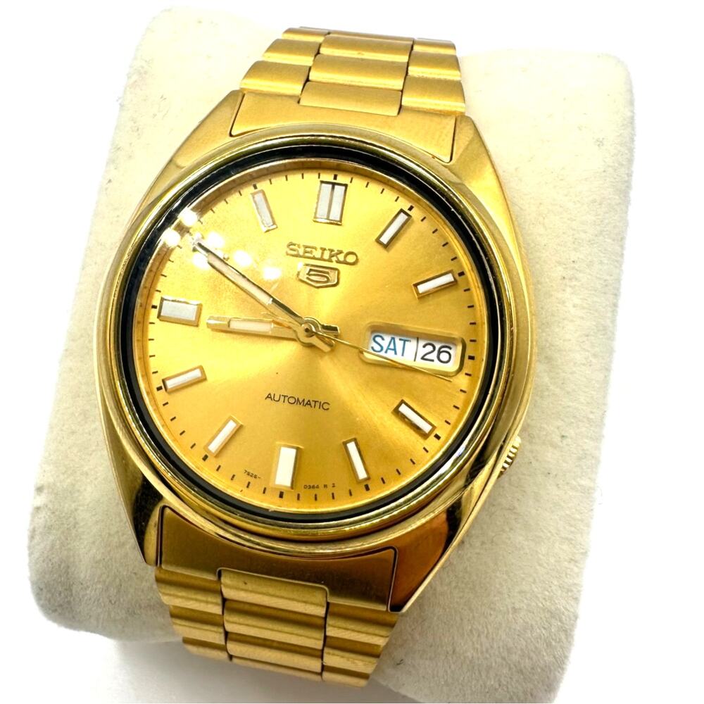 Seiko 5 7S26-0480 Automatic Day Date gold round 37mm dial stainless steel watch